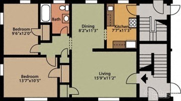 Floor plan for 2 beds, 1 bath, 921 sqft